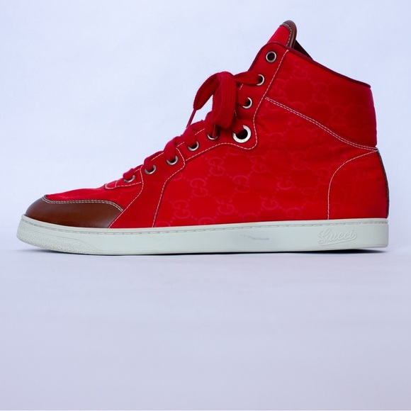 Men's Gucci Nylon High Red Brown Sz 9 G Fashion Shoe 283484 - Picture 4 of 16
